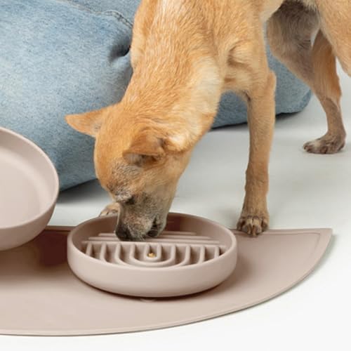 Slow Feeder Dog Bowls - Small Size Silicone Slow Eating Dog Bowl for Puppies & Dogs with Suction Cup -Dishwasher-Safe, Lick Mat Design, Reduces Gulping, for All Breeds, 6”x1.25”- Tan - color: Tan - Rainbow Design, size: Small (6” Across x 1.25” Tall)