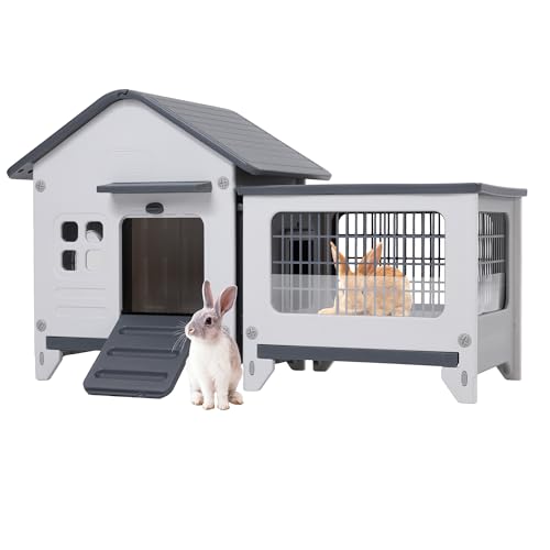 Rabbit Hutch Indoor & Outdoor with Extended Play Area, Plastic Rabbit Hutch with Sloped Roof Drainage, Panoramic Windows, Urine Barrier & Pull-Out Tray, Rabbit Cage with Run Easy to Clean and Assemble - size: 45"L*20"W*27"H