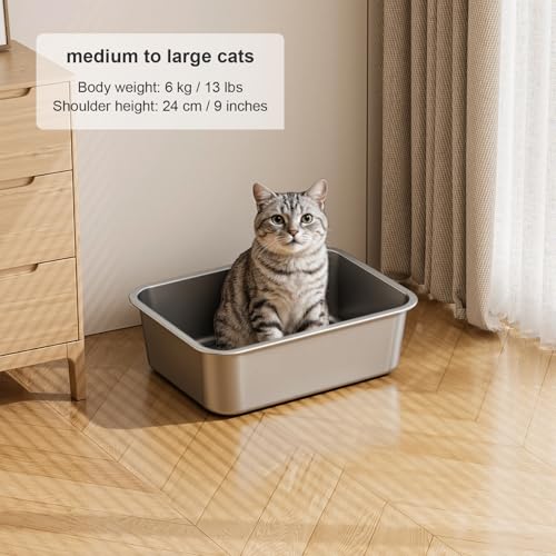 Stainless Steel High Sided Cat Litter Box | Sturdy Metal, Odor-free, Cat Litter Non-stick and Easy to Clean, Ideal for Indoor Cats, Kittens and Multicat Houses - size: 16.93"L x 12.99"W x 5.12"H