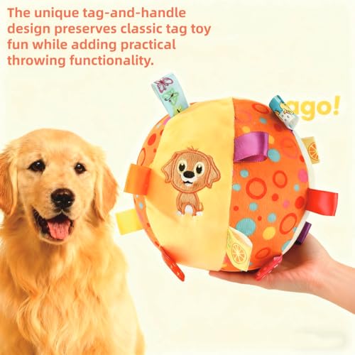 Dog Tag Toy, 6-Inch Squeaky Plush Toy for Puppies & Small Medium Dogs | Soft Stuffed Cotton Ball, Built-In Bell, Interactive Retrieval Toy, Puppy Play Gym & Busy Toys