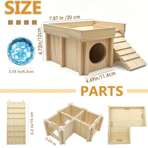 Wooden Hamster Hideout,Dwarf Hamster Hide House with Platform & Bowl & Ladder,Small Hamsters Maze Hut Hides Habitats Decor Cage Accessories for Gerbils,Mice,Mouse