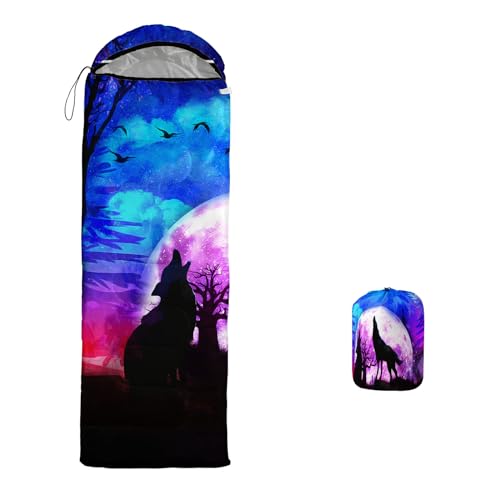 Galaxy Wolf Camping Sleeping Bags Warm & Cool Weather Waterproof Backpacking Blue Purple Starry Sky Sleeping Bag All Seasons Camping, for Adult Kids Boy Girls Camping Gear Equipment, Traveling - color: A-Wolf