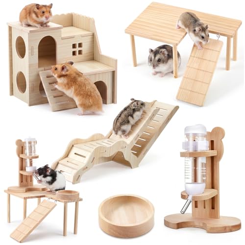 5 Pcs Hamster Cage Accessories, Wood Hamster Play Wooden Platform Water Bottle with Stand Climbing Set for Rat Mice Small Animals Pets Habitats Woodland Decor(Villa Playground) - style: Villa Playground