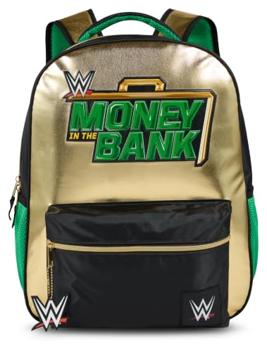 AI ACCESSORY INNOVATIONS WWE Money in the Bank Backpack for Kids & Adults, 16” Wrestling Bookbag with Rubber Molded Logo Dangle, Gold - color: Wwe