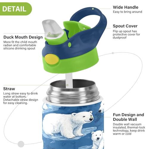 OTVEE Cartoon Polar Bear Kids Water Bottle with Straw Lid 12 oz Insulated Stainless Steel Leakproof Duck Mouth Tumbler Cup for Boys Girls Teen School - color: Cartoon Polar Bear
