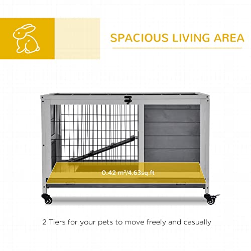 PawHut Wooden Rabbit Hutch Indoor Outdoor, Elevated Bunny Cage with No Leak Tray Enclosed Run with Wheels, Ideal for Guinea Pigs and Small Animals, Gray | No Leak Tray Enclosed Run with Wheels, for Rabbits, Chickens, Ducks, Guinea Pigs and Small Animals -