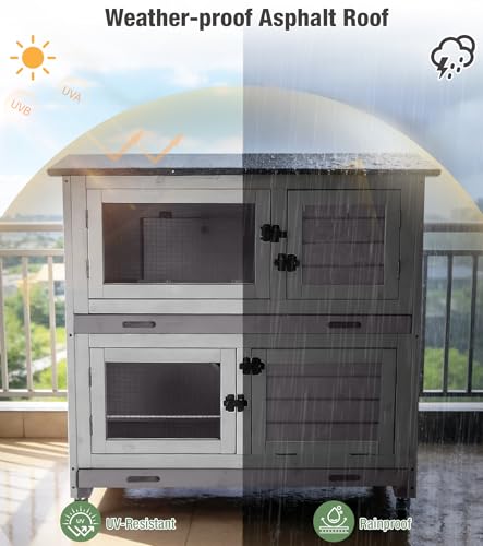 Two-Tier Guinea Pig Cages Rabbit Hutch with Anti-Chew Ramp | bunny cage with dual deep trays, weatherproof roof, lockable catsters, multiple access doors - color: 36“L Grey