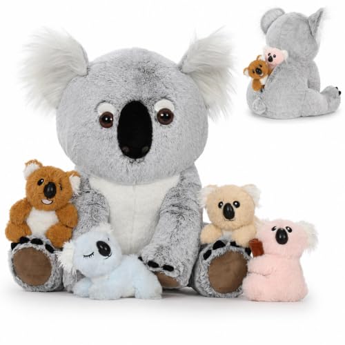 Koala Plush Toy with Babies, 17.7“ Wild Animal Stuffed Animal | Mother and Baby Plushies; Zipper Belly Storage; Hide-and-Seek Play; Soft Cuddly Companion; Christmas Birthday Gift for Kids - style: Koala Gray