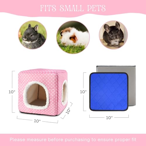 Guinea Pig Hideout with 2 Removable Mat, Two Entrances, Dwarf Rabbit Bed, Washable Bunny House, Small Pet Accessories Pink Dot - color: Pink