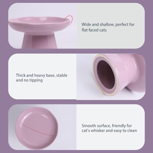 Wide Shallow 6.1" Raised Cat Bowls, Ceramic Elevated Food Plate for Flat Faced Cats and Small Dogs, Porcelain Feeder Bowl, Stress Free, Protect Cat’s Spine, Lavender - color: Lavender-Shallow