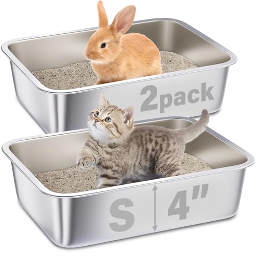 Stainless Steel Litter Box for Kitten,Cat Litter Box Small Cats | 2pcs,Small Cats,Kitty/Rabbits,4" Low Side，Easy to Clean,Metal Litter Box,Metal Pet Toilet/Bath Pan,No Smell - color: 2packs-M-4" H