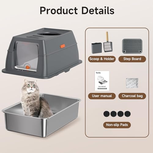 XL Enclosed Stainless Steel Litter Box with Lid, Dark Gray | covered, High Sided, Rustproof & Leak Proof, Easy Clean, Odor Control, Includes Scoop & Step - color: Dark Gray