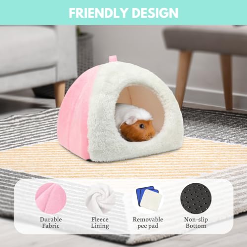 Guinea Pig Hideout Bed with 2 Absorbent Leak-Proof Bottom Pee Pad | Fleece Small Animal House, Washable Hide Hut for Dwarf Rabbit Chinchilla - color: Pink