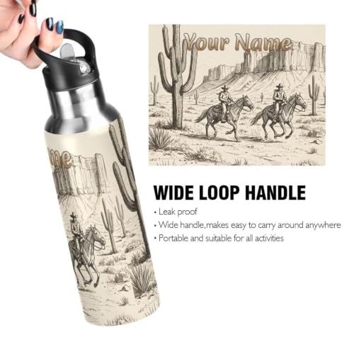 Custom Western Cowboy Cactus Water Bottle Kids Stainless Steel Bottle with Straw Lid Personalized Name Boys Girls Insulated Cup for School 20 oz - color: Multi101
