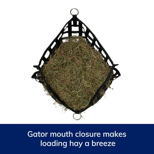 SmartEquine Slow Feed Hay Bag for Horses, 4 Flakes, 37" x 30", Black | 2" Holes | Hay Feeder Net with Resistant Nylon | Gator Mouth Enclosure for Easy Loading | Fits 10-15 lbs of Hay