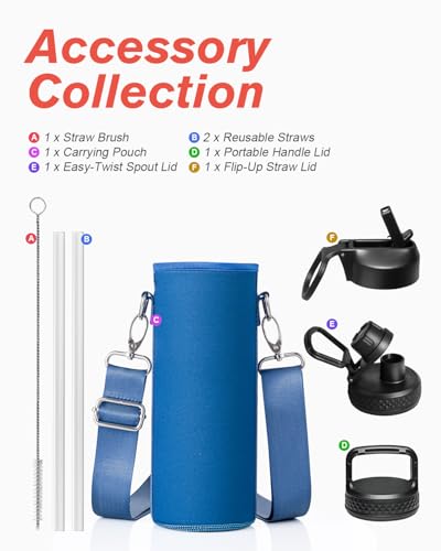 Coolflask 24 oz Insulated Water Bottle with Straw & 3 Leakproof Lids | Water Flask Stainless Steel Triple-Wall Vacuum, Cupholder Friendly, Cold 48+h, Dishwasher Safe, Non-BPA, for Gym & Hiking - color: King's Blue, size: 24 Ounces