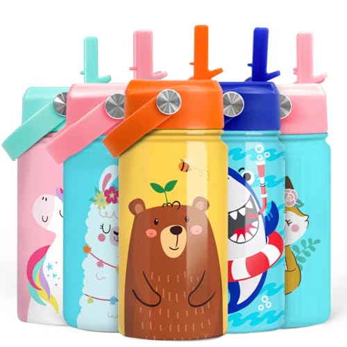 Bear Water Bottle - Kids Water Bottle with Straw Lid - 12 Oz Insulated Stainless Steel Water Bottles for Kid Boys - Travel Cup for School Sports - color: Bear 2