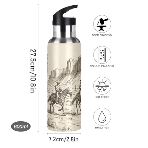 Western Cowboy Cactus Water Bottle Kids Stainless Steel Water Bottle with Straw Lid, Leak Proof Boys Girls Insulated Tumbler Cup for School 20 oz - color: Multi26