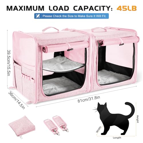 Extra Large Cat Carrier for 2 Cats with Travel Litter Box, 2-in-1 Foldable Soft Pet Car Travel Carrier with Zipper Locks for Multiple Cats Small Dogs Up to 45 Lbs, Pink - color: Pink