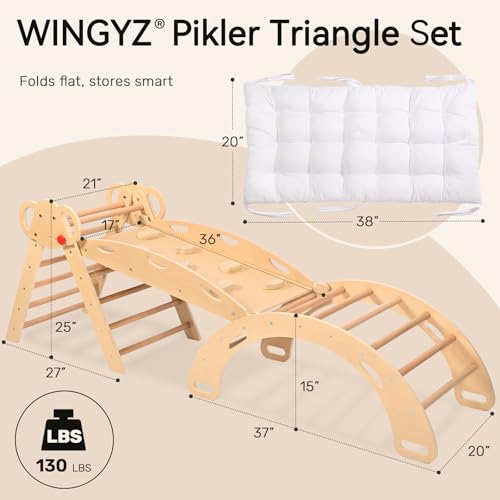Pikler Triangle Set, Montessori 8-in-1 Climbing Set with Cushion | Wood Jungle Gym for 18M-5Y, Foldable, Reversible Animal Slide, Patent-Protected, 2.35in Gap, ASTM F963, Wood - color: Teak