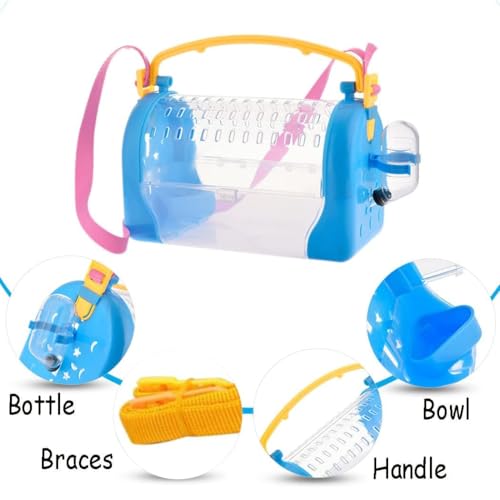 kathson Portable Hamster Cage Dwarf Hamster Carry Travel Cage with Water Bottle Food Bowl Adjustable Strap Pet Outgoing Cage for Gerbil Hedgehog Mice Squirrel - color: Hamster Carriers Blue