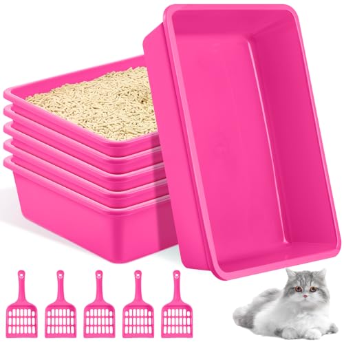 Amyhill 5 Pcs Open Cat Litter Box Kitten Litter Pan with 5 Scooper Medium Plastic Pet Tray Durable Nonstick Kitten Box for Indoor Pets Cats Rabbit Supply Easy to Clean, 14.6x10.6x3.4 Inch (Pink) - color: Pink