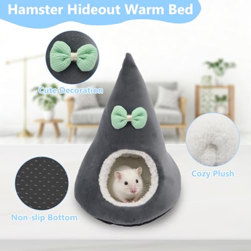 Hamster Hideout Bed for Hamsters Gerbils Mice, Gray | Soft plush warm, non-slip bottom, thick filling keeps shape, cute tent shape, 5.9"x7.9", for small pets/hedgehogs