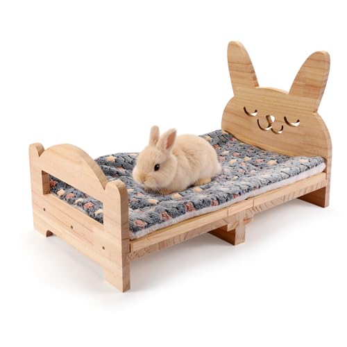 Large Wooden Rabbit Bed - Easy Assemble 20.4"x12.8" Pet Bed with Support Structure & Removable Cushion for Rabbits, Guinea Pigs, Kittens & Small Animals - Cozy Sleeping Habitat
