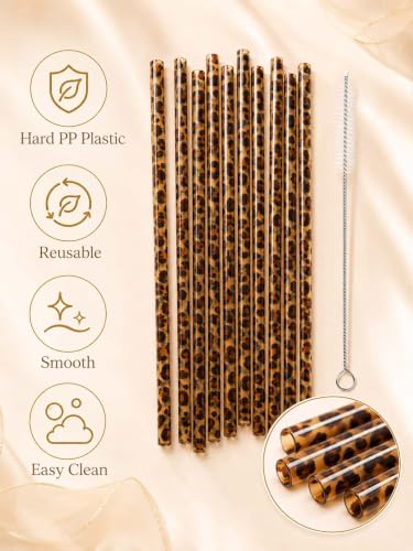10 Pcs Reusable Brown Leopard Straws Long Straws with Cleaning Brushes - color: Brown
