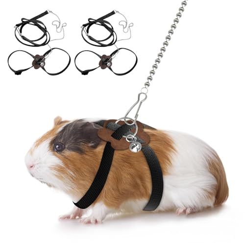 2 Pack Adjustable Hamster Leash Harness for Harness for Ferret Baby Rabbit Hamster Rat Mouse Leash Lead with Bell (Black) - color: black