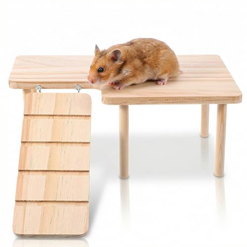 Hamster Play Wooden Platform with Ladder, 9.84x5.9x3.94in Hamster Cage Platform Small Animal Wood Stand Cage Accessories for Syrian Hamsters Mice Squirrel and Other Small Pets