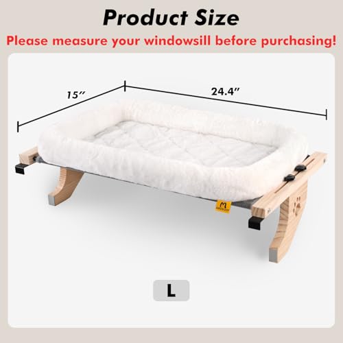 AMOSIJOY Cat Sill Window Perch Sturdy Hammock Window Seat with Cushion Bed Cover, Wood & Metal Frame for Large Cats, Easy to Adjust Cat Bed for Windowsill, Bedside, Drawer and Cabinet(Cushion Bed) - color: White, size: 24.4''L X 15''W