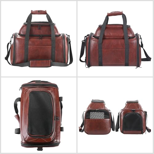 Premium Leather Top Expandable Pet Carrier for Small Dogs & Cats Under 15 lbs, Airline Approved Collapsible Soft-Sided Luxury Travel Bag Coffee - color: Coffee