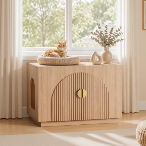 Amunrbrek Cat Litter Box Enclosure Furniture, 31.5" Arched Fluted Cabinet - color: Natural