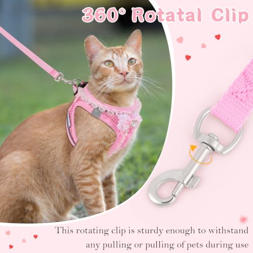 Cat Harness and Leash Set Escape Proof Walk Harness for Cats Pink S | Cute Pearls Lace Bow,Safe Reflective Strips,Breathable Soft Mesh,No Stress,Easy Wear,Adjustable Velcro,Nylon Leash,for Bunny - size: S