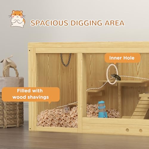 PawHut Wooden Hamster Cage, Extra Large Gerbil Cage, Multi-Layer Small Animal Cage for Dwarf Hamster, Activity Center with Pull-Out Tray, Seesaws, Water Bottle, Ladder, Openable Top | Gerbil Habitat, Multi-Layer Small Animal Cage, Activity Center, Seesaws