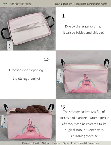 Rectangular Pink Castle Princess Closet Bedroom Storage Bin | Waterproof stain-proof cotton canvas, reinforced side grips, fairy castle print for girls, daily sundry arrangement - color: REC Pink Castle