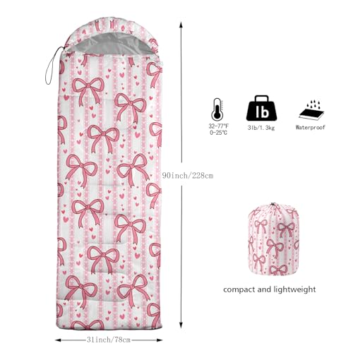 QOOMO Camping Sleeping Bags,3 Season Warm & Cool Weather,Lightweight,Waterproof Sleeping Bags for Adults & Kids,Traveling,and Outdoors,Camping Gear Equipment - color: Pink Bow 7
