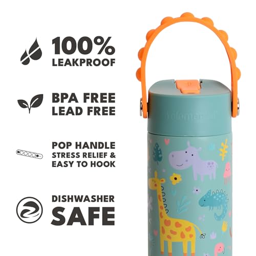 Elemental 100% Leak Proof When Spout is Closed Insulated Kids Water Bottle, Stainless Steel Bottle for School with Straw Lid & Pop-It Handle, Safari & Sage -18oz (2 Pack) - color: Safari and Sage