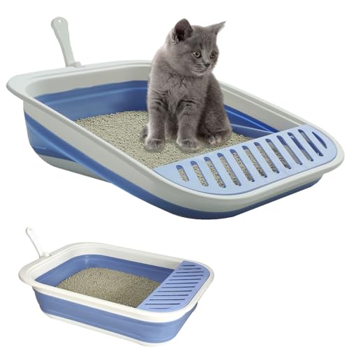 Low Entry Kitten Litter Box Collapsible Shallow Litter Box | Senior Cats Anti-Splashing Kitty Training Open Potty Pan Scoop Leak-proof pedal Cat Toilet No Smell Easy Clean - color: Blue, size: Medium