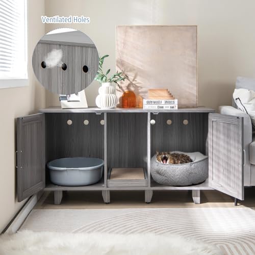 PETSITE Litter Box Enclosure for 2 Litter Boxes, Hidden Cat Washroom TV Stand End Table with 2 Cabinet, Scratching Board, Indoor Cat Litter Furniture (Grey Wash), Patented - color: Grey Wash