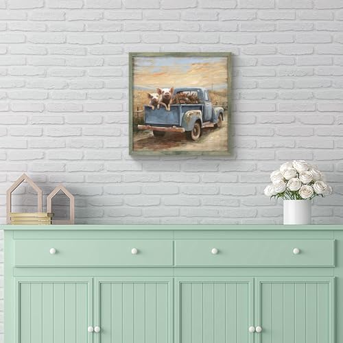 Farm Animal Wall Art Decor: Farmhouse Framed Picture Country Pig Print Artwork Rustic Truck Wooden Painting for Living Room Bedroom Kitchen 16 x 16 Inches - color: Pig on Truck, size: 16L" x 16W"