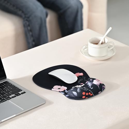 EooCoo Mouse Pad with Gel Wrist Rest, Ergonomic Mousepad Wrist Alignment | Middle Concave Design for Natural Wrist Alignment, Non-Slip Base Mousepad, Carpal Tunnel Relief, Office Desk Accessories - color: Black Floral