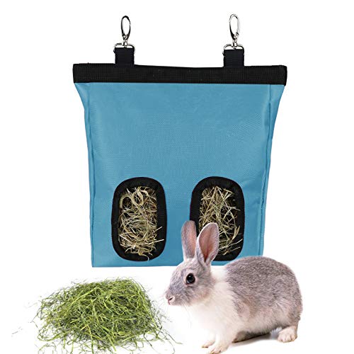 Rabbit Hay Feeder Bag Hanging Hay Rack (Blue, 2 Windows) | Guinea Pigs Manger Holder Dispenser Small Animal Feeder Storage Pouch for Bunny Chinchilla Hamster - color: Blue