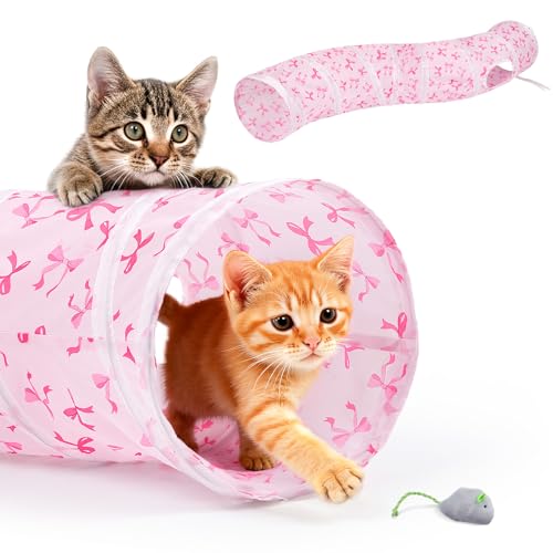 Glittme S-Shape Cat Tunnel, Foldable Cat Tunnels for Indoor Cats | Interactive Bunny Tunnel And Cat Tubes With Crinkle Sounds. Ideal For Kittens, Ferrets And Small Pets To Hide, Play Or Rest - color: Pink Bow