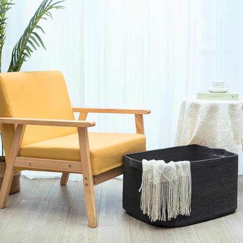 22in Extra Large Blanket Basket Holder Living Room, Rectangle Rope Woven Storage Basket with Handles for Laundry, Pool Towels, and Shoes, Dog Toy Organizer Bin Box, Charcoal - color: Charcoal Gray