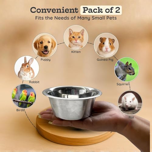 2 Pack Shallow Stainless Steel Cat & Dog Bowls, 1 Cup (8 oz) Each, Heavy Duty Small Pet Only Puppy Kitten & Birds Feeder Replacement Bowl, Rust Resistant Metal Cat Dishes for Food & Water - size: 1 Cup (8 oz)