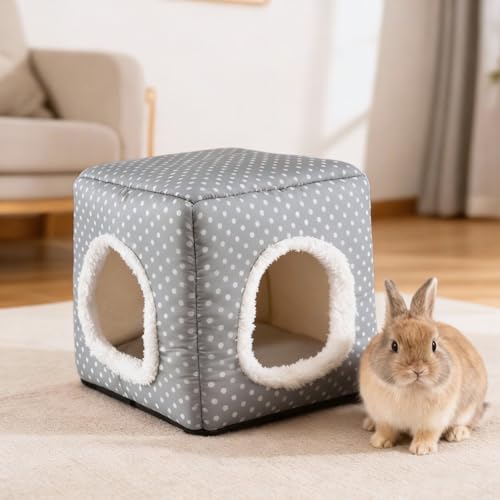 Guinea Pig Hideout with 2 Removable Mat, Two Entrances, Dwarf Rabbit Bed, Washable Bunny House, Small Pet Accessories Gray Dot - color: Grey