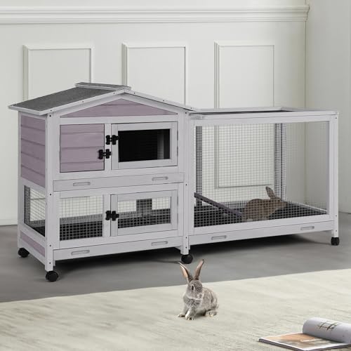 Indoor/Outdoor Rabbit Hutch with Pull-Out Tray, Weatherproof Bunny Cage & Attached Run - Also for Chickens (Grey, L) - color: Light Grey