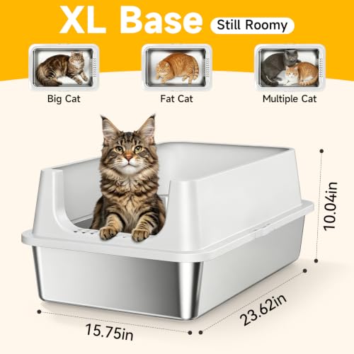 XL Open Top Stainless Steel Litter Box with High Sides, Gray | Extra Large Metal Cat Litter Pan , XL Litter Box, Non-Stick Easy Clean Anti-Leak Kitty Litter Pan, Odor Control, Open Top - color: Gray